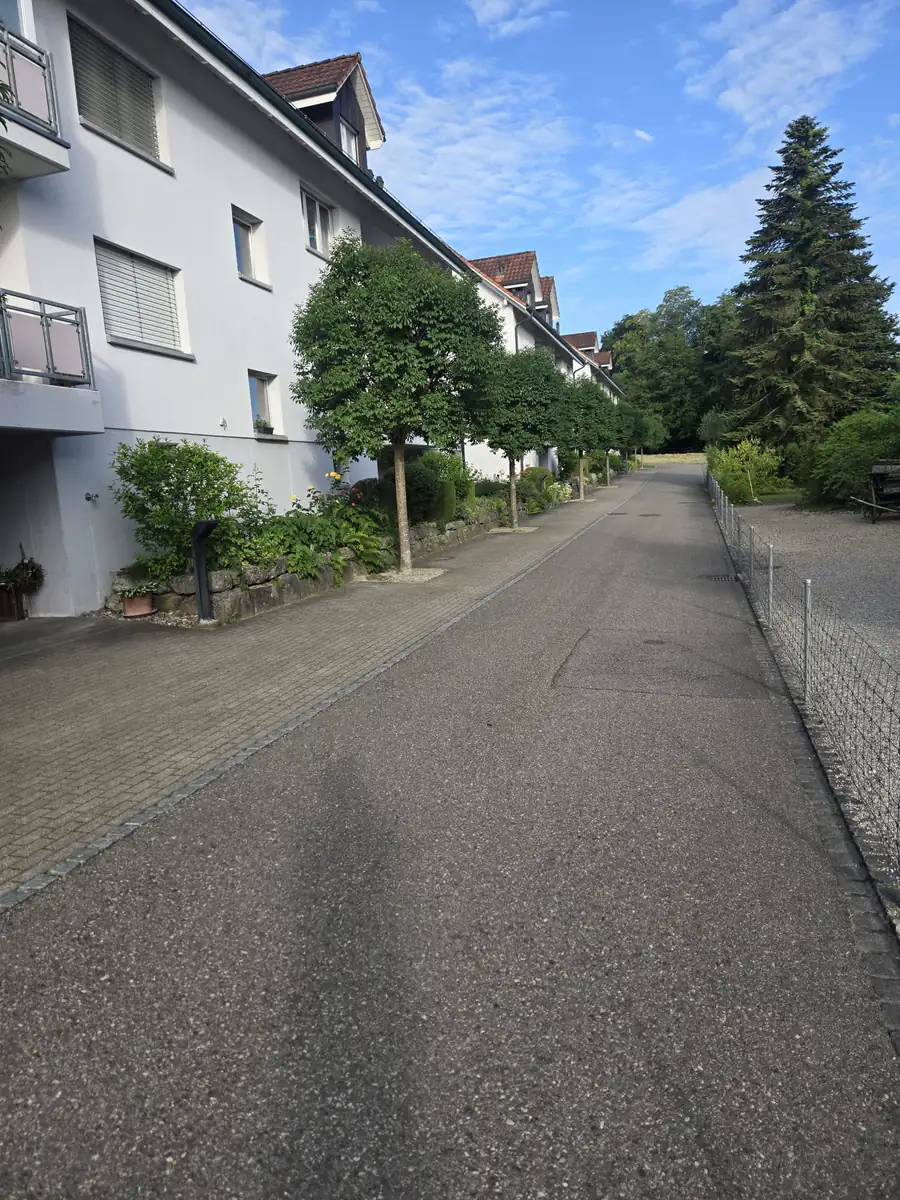 Betreute Mehrfamilienhaus-Zeile mit Bäumen, bepflanzten Rabatten und sauberem Vorplatz