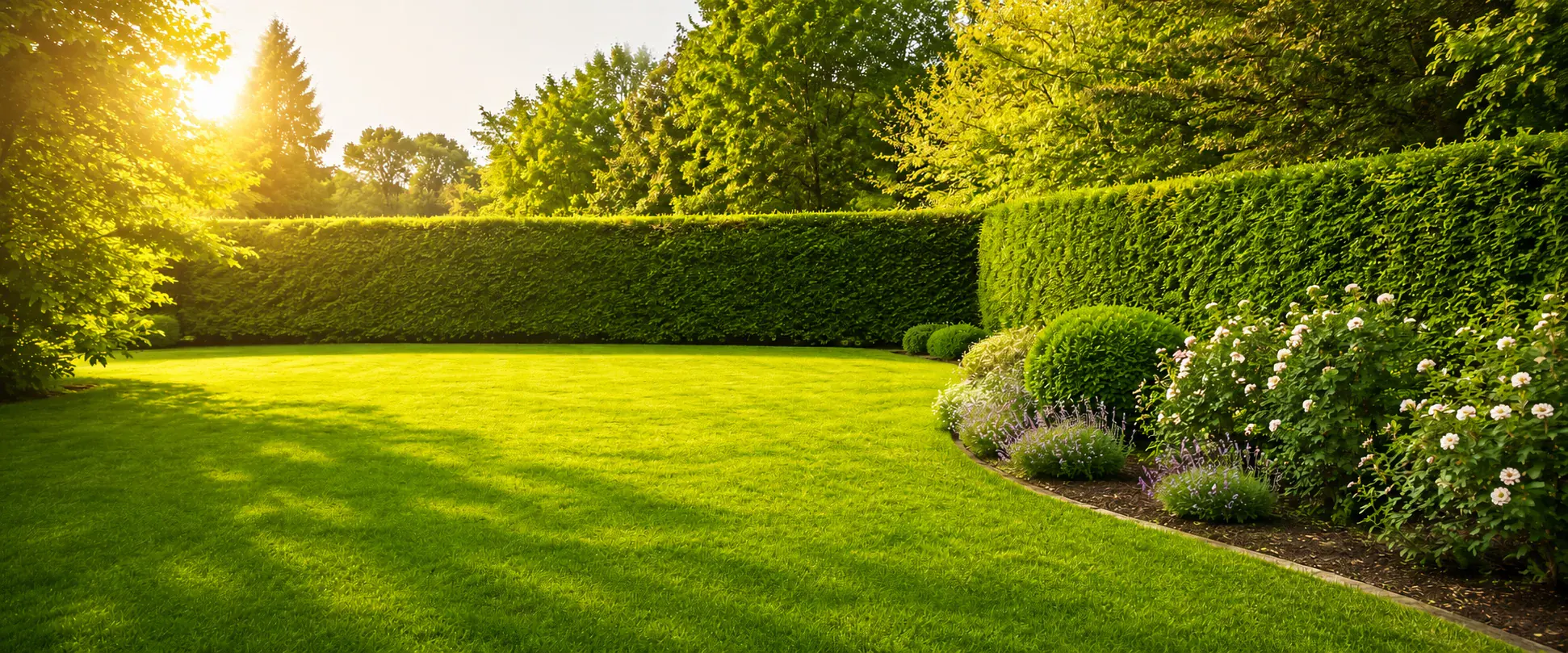 Gepflegter Garten mit geschnittener Hecke, saftigem Rasen und blühenden Pflanzen im Abendlicht