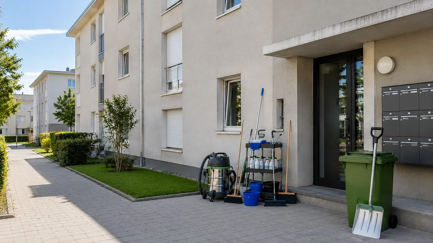 Hauswart- und Reinigungsequipment vor dem Eingang einer gepflegten Wohnliegenschaft in der Ostschweiz