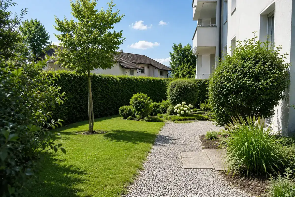 Gepflegter Garten einer Wohnliegenschaft mit gemähtem Rasen, geschnittener Hecke, Bepflanzung und sauberem Kiesweg