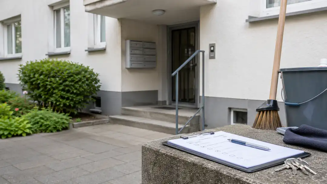 Klemmbrett mit Checkliste, Schlüssel und Putzutensilien vor dem Eingang eines Mehrfamilienhauses