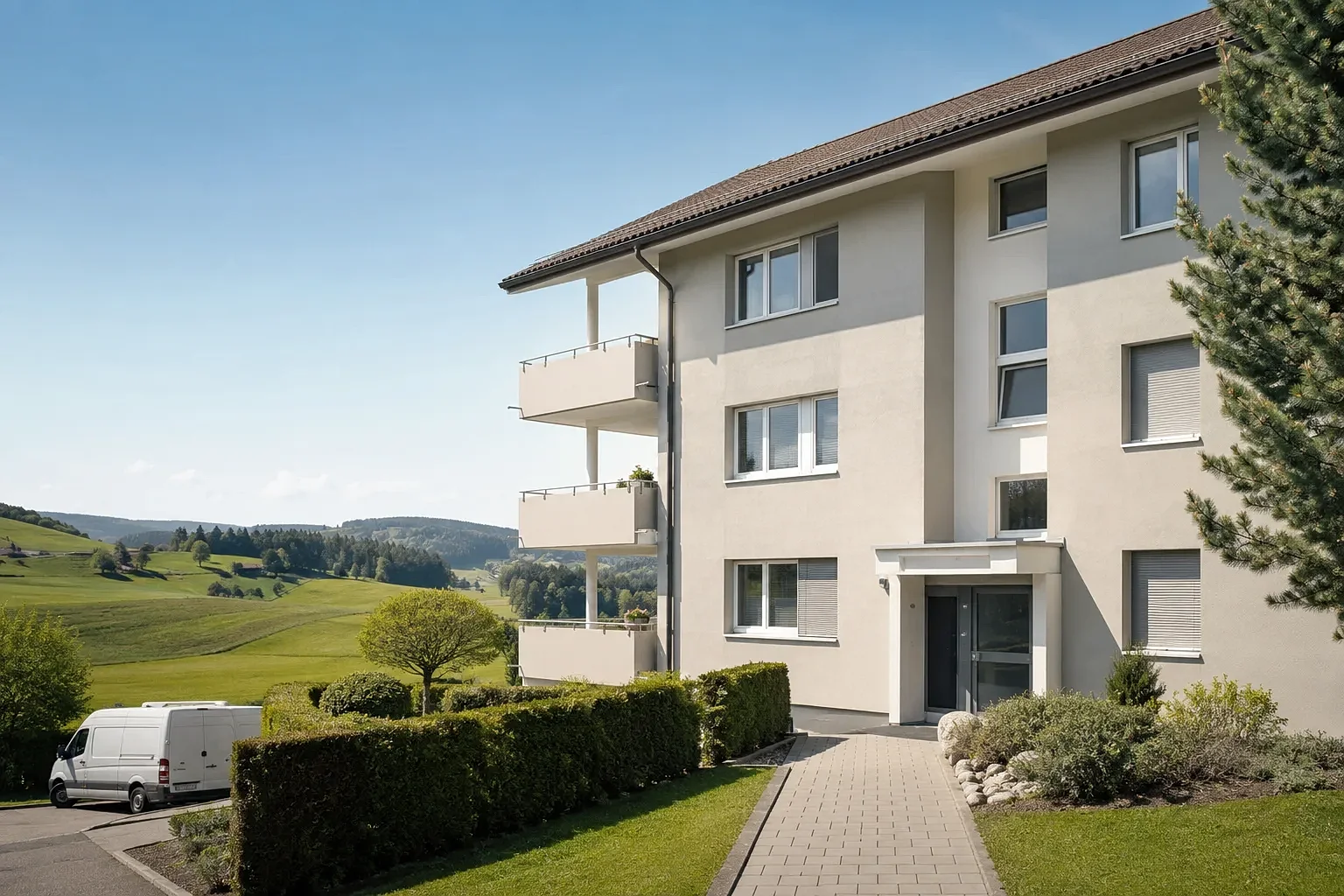 Gepflegte Wohnliegenschaft mit Hecke, Weg und Bepflanzung, im Hintergrund die Ostschweizer Hügellandschaft