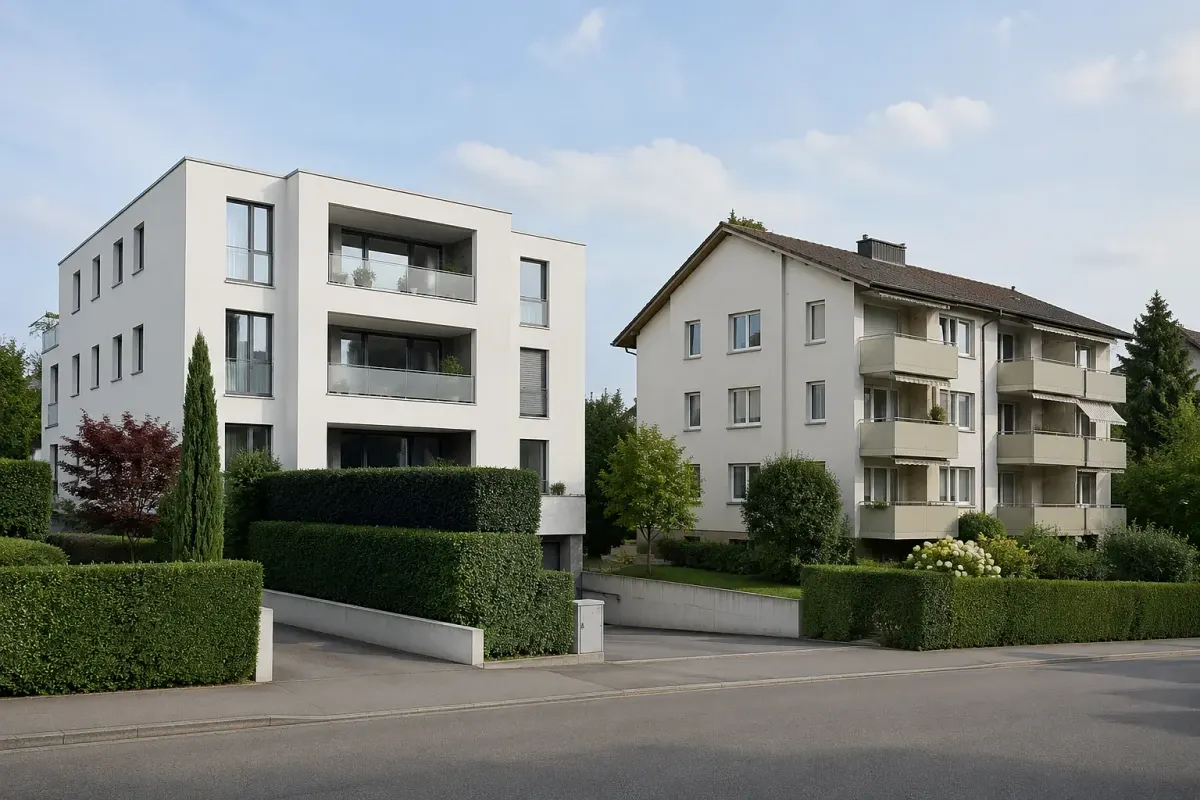Zwei gepflegte Mehrfamilienhäuser mit Hecken und Vorgärten in einer Wohngegend der Ostschweiz